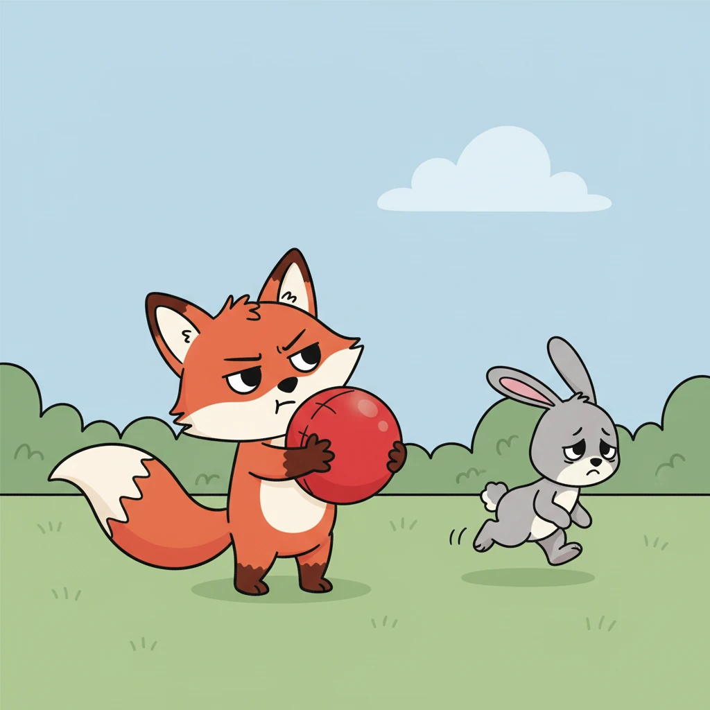 Fiona frowned, hugging the ball tightly to her chest. “It’s mine today,” she said, her voice a little grumpy. Benny looked sad and slowly hopped away, his ears drooping.