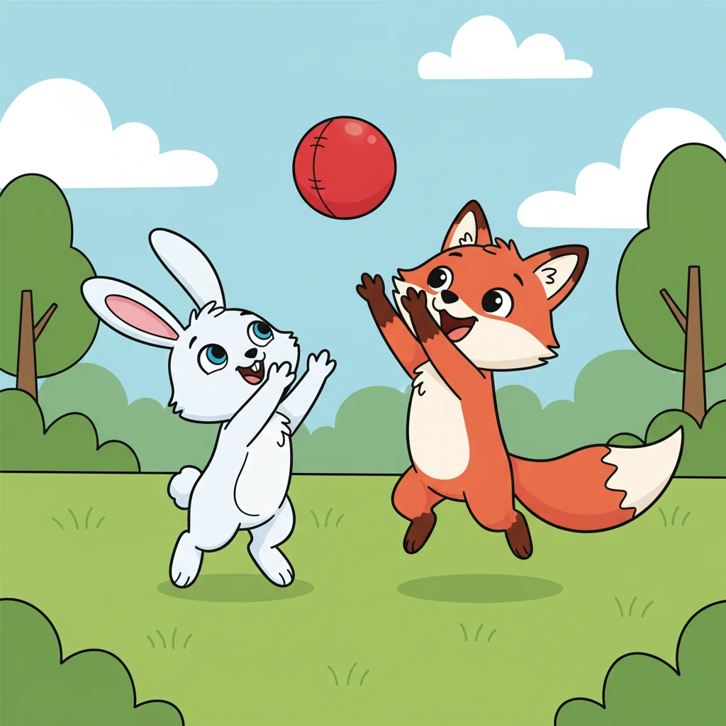 “Bounce, bounce, bounce!” Fiona tossed the ball high. Benny Bunny reached up, his eyes wide with excitement, and caught it with a joyful squeak. Both were happy!