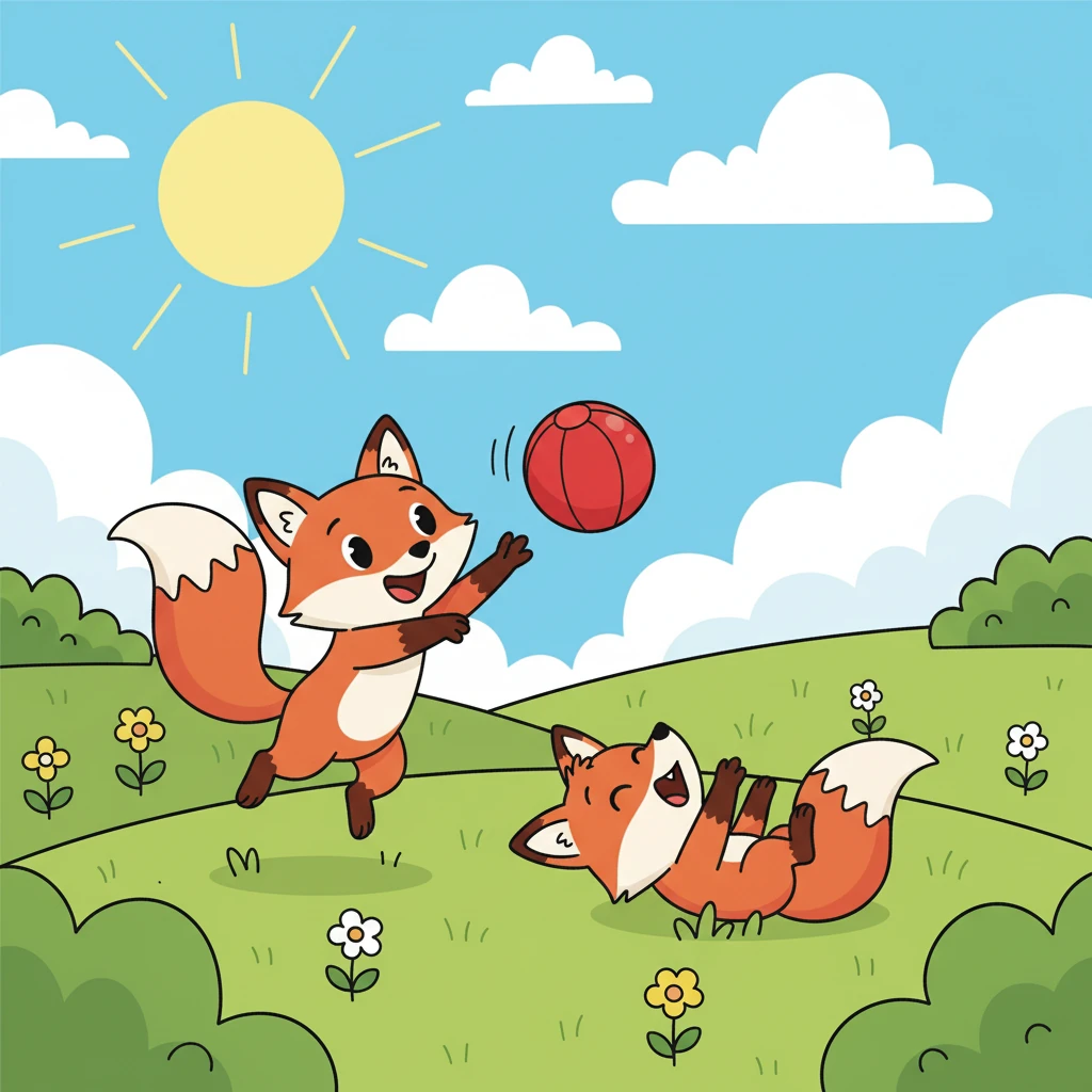 “Bounce, bounce, bounce!” they laughed and played together, the red ball bouncing between them. They hopped and rolled, the sun warm on their fur, enjoying the meadow.