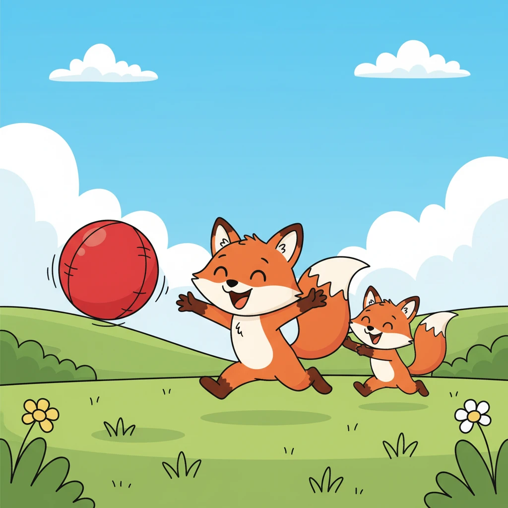 The red ball bounced left and right, bringing joy to all. Fiona and Benny ran after it, their laughter echoing through the meadow. The fun never seemed to end.