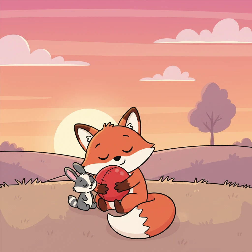 As the sun went down, painting the sky in pink and orange, it was time to rest. Fiona hugged her red ball, Benny by her side, remembering a day of fun and friendship. What a great day it had been!