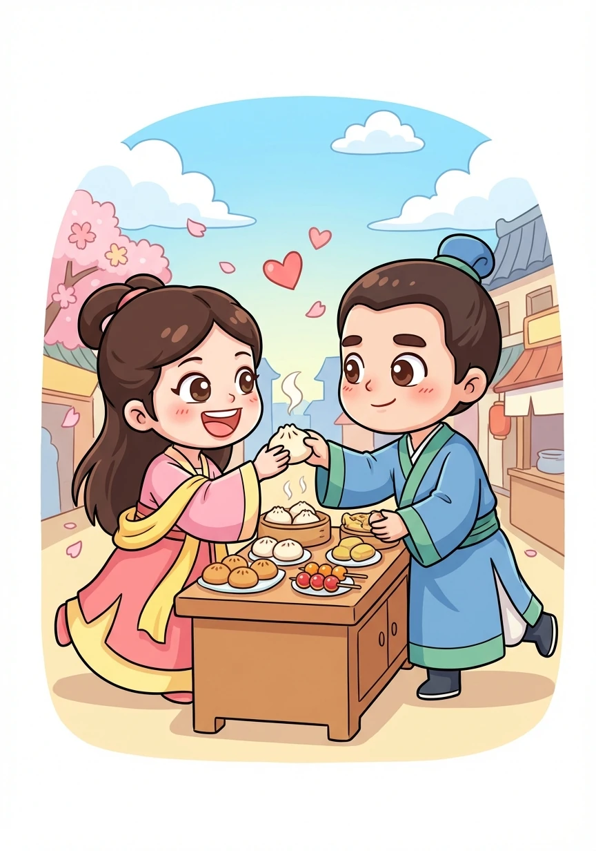 宋朝的都城汴梁，阳光明媚。林婉儿和李慕白在繁华的街市上相遇，一见钟情。婉儿的笑容如春日暖阳，慕白的眼神充满了爱意，他们一起品尝着街边的小吃，分享着彼此的梦想，空气中弥漫着甜蜜的气息。