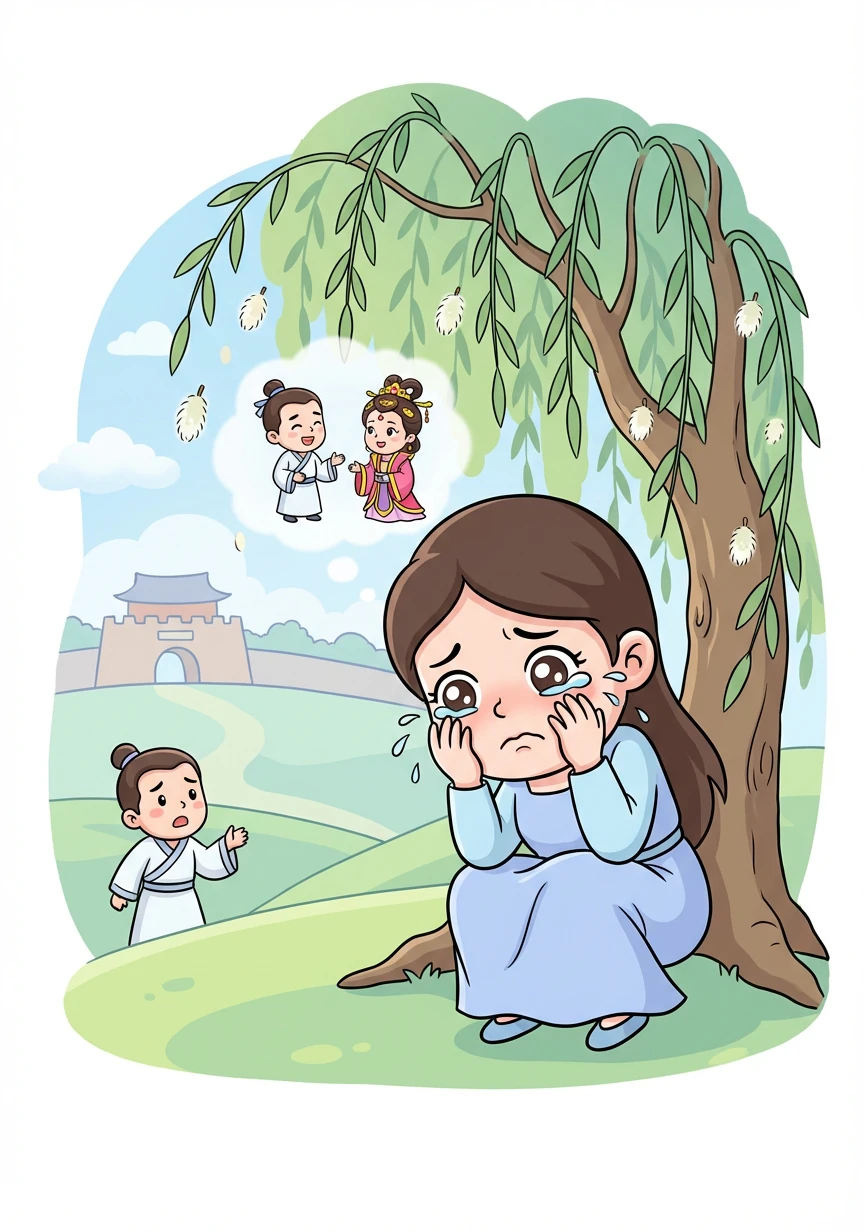 几日后，婉儿无意中看到慕白与一位衣着华丽的女子交谈甚欢，心中顿生误会，以为慕白另有所爱。她伤心欲绝，不听慕白的解释，独自一人跑到城外的柳树林中，泪如雨下，任由柳絮纷飞。