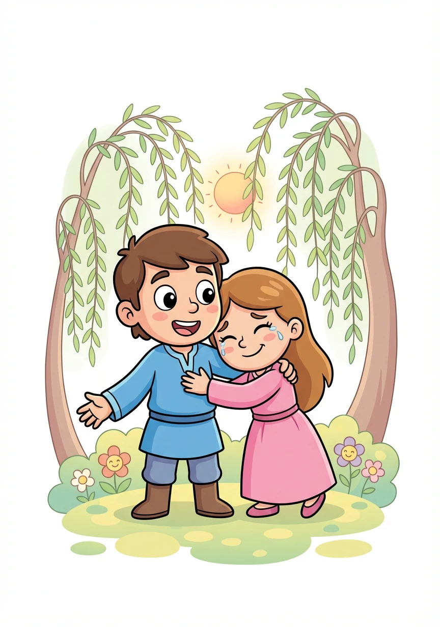 慕白四处寻找婉儿，终于在柳树林中找到了她。他耐心解释，原来那位女子只是他的远房表妹，前来拜访。婉儿听后，心中的误会烟消云散，两人紧紧相拥，重归于好。他们明白了，坦诚沟通才是维系感情的最好方式。