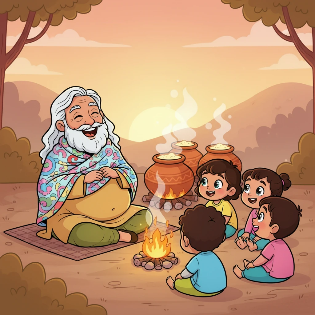 Kailash Baba, with a big, round belly and a kind, wrinkled face, sits cross-legged by a crackling fire. His long, flowing shawl is draped around him as he chuckles warmly. A row of chubby-cheeked toddlers, with wide, curious eyes and wiggling toes, lean forward eagerly, mesmerized by his storytelling. Giant, bubbly pots of sweet kheer steam gently in the background, making the air smell delicious. He begins the enchanting tale of Aavya.