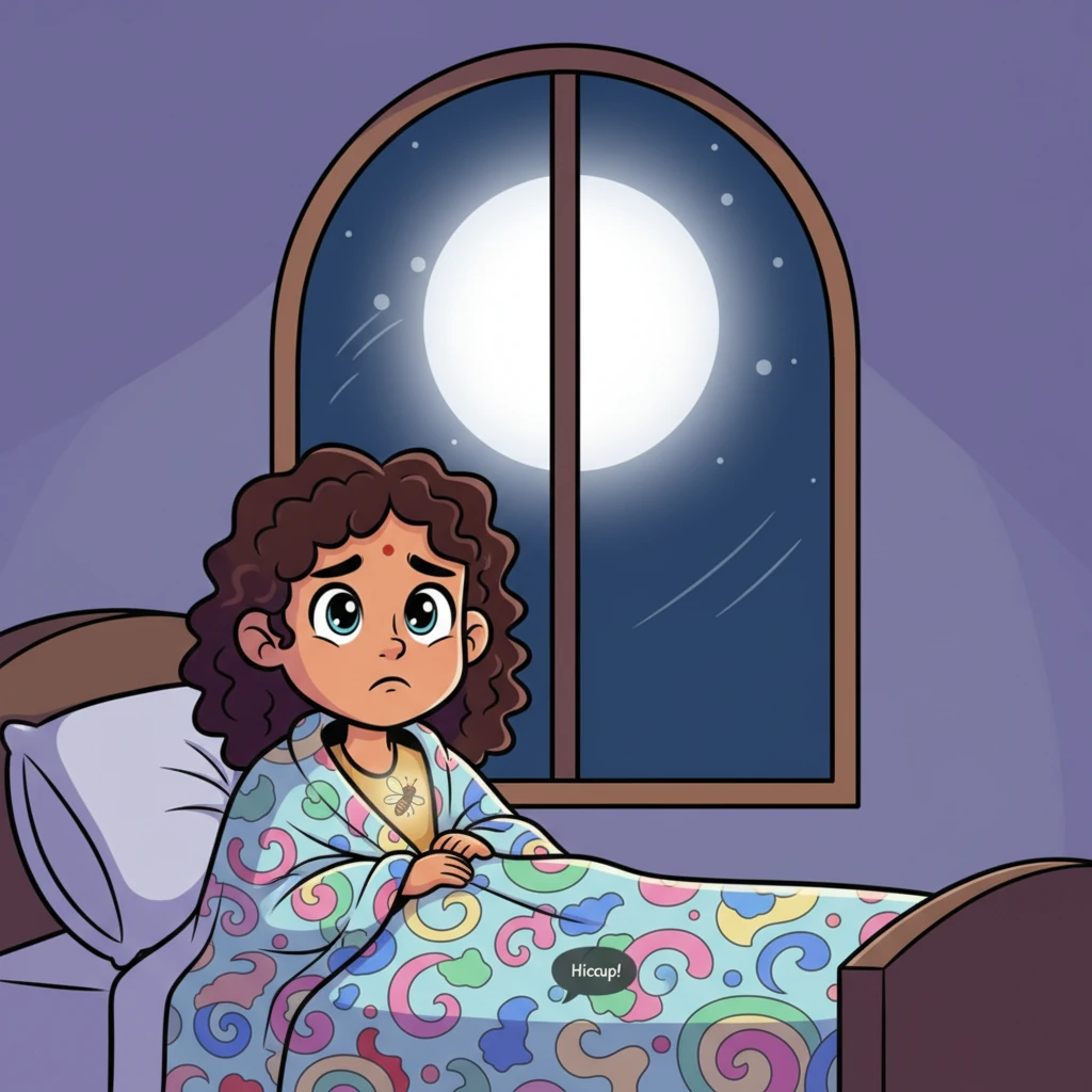 Under a cozy, patterned blanket, little Aavya, with big, expressive eyes, peeks out, a tiny frown on her face. The moon outside her window is a perfect, glowing circle, like a giant, sweet rasgulla. Inside her chest, where a bright sun usually shines, she feels a tiny, tired firefly flickering, almost winking out with a tiny "Hiccup!"
