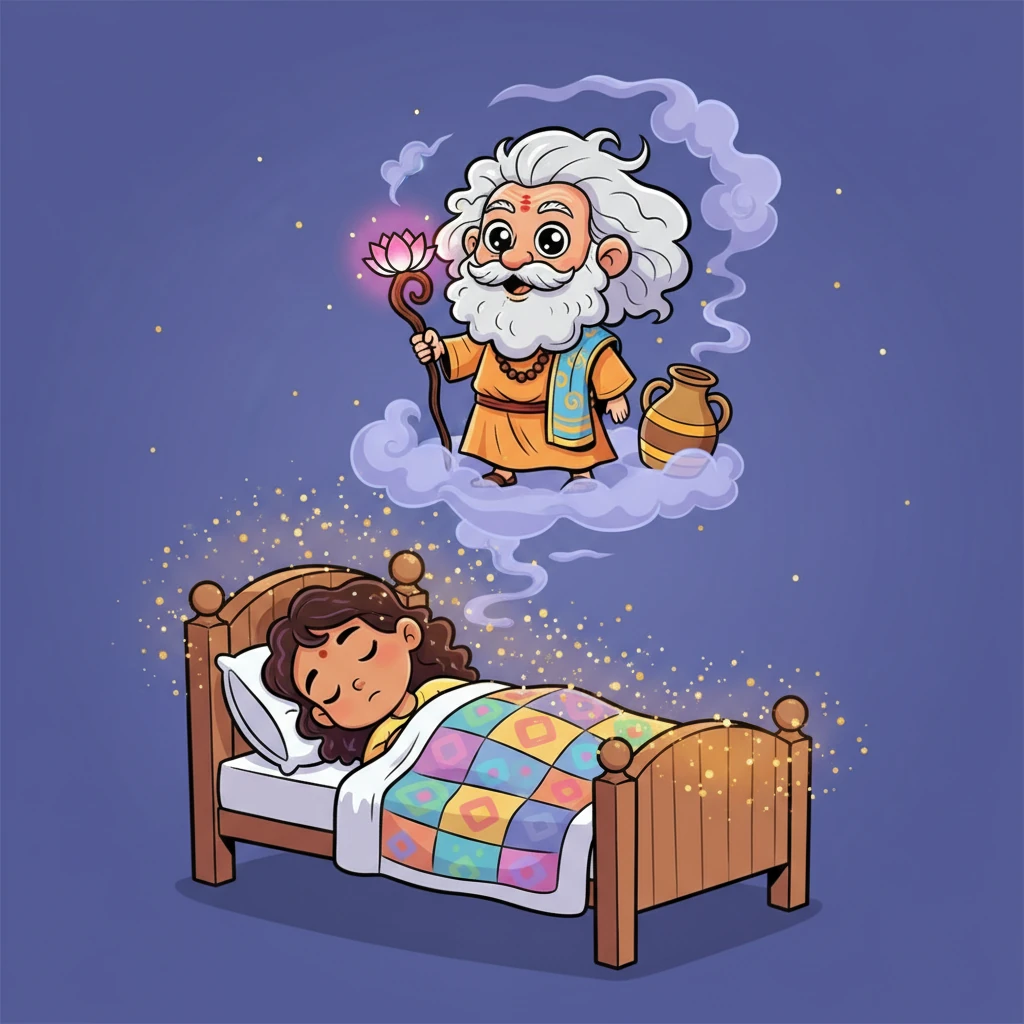 Suddenly, the air around Aavya's bed sparkles with golden dust! From a swirl of fragrant incense smoke, a tiny, cheerful Yogi Baba appears, no taller than a water jug. He has a fluffy silver beard that floats like clouds and eyes that twinkle mischievously like tiny stars, holding a lotus staff.