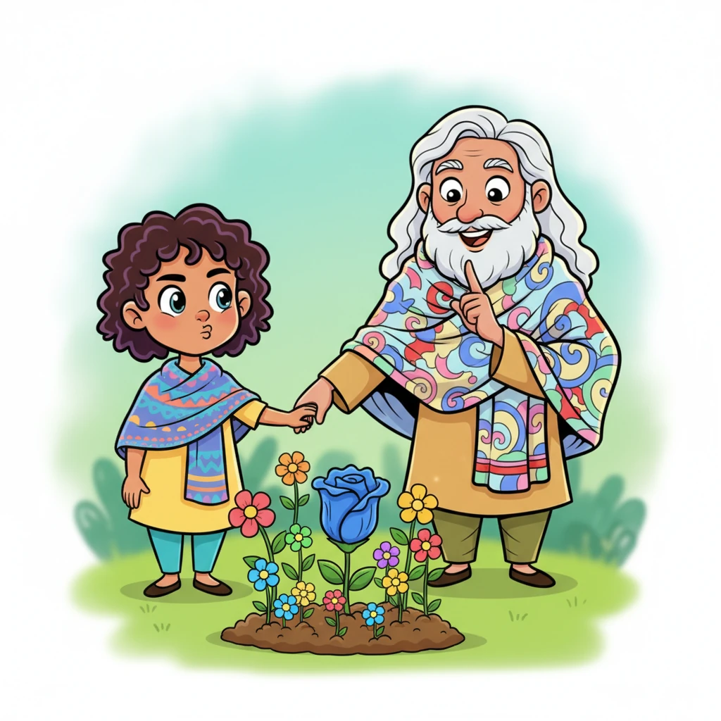 Yogi Baba, with a playful grin, leads Aavya to a miniature, whimsical garden, where flowers bloom in rainbow colors. In the center sits a beautiful blue hibiscus, its petals tightly folded like a sleepy fist. Aavya, with an impatient pout, tries to poke it, but Yogi Baba gently puts a finger to his lips, "Shhh," teaching her to wait.
