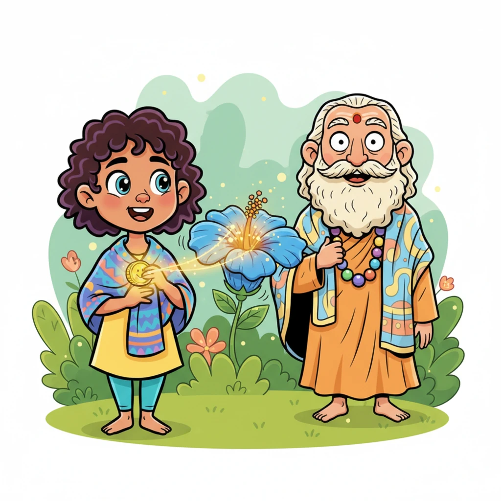 Aavya and Yogi Baba watch patiently as the blue hibiscus slowly, gently unfurls its petals with a soft "POP!" Inside, it glows with a warm, golden light that dances and twinkles. This golden glow playfully zips out and lands right on Aavya’s chest, making her tiny firefly grow into a shiny, happy gold coin.