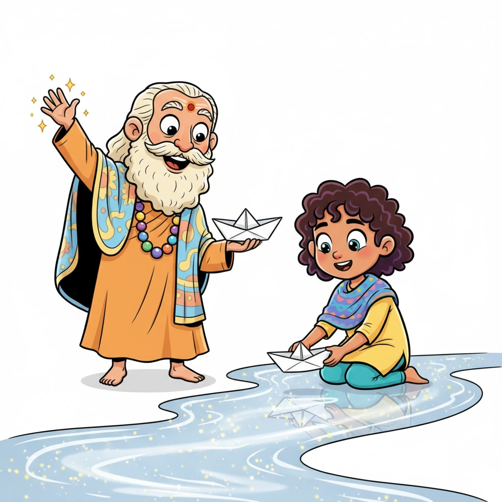 With a joyful wave of Yogi Baba's hand, Aavya's cozy blue rug magically transforms into a shimmering, wavy silver river, sparkling with little light dots. He hands her a small, delicately folded paper boat, which she carefully places on the glassy surface, watching it wobble but not yet move.