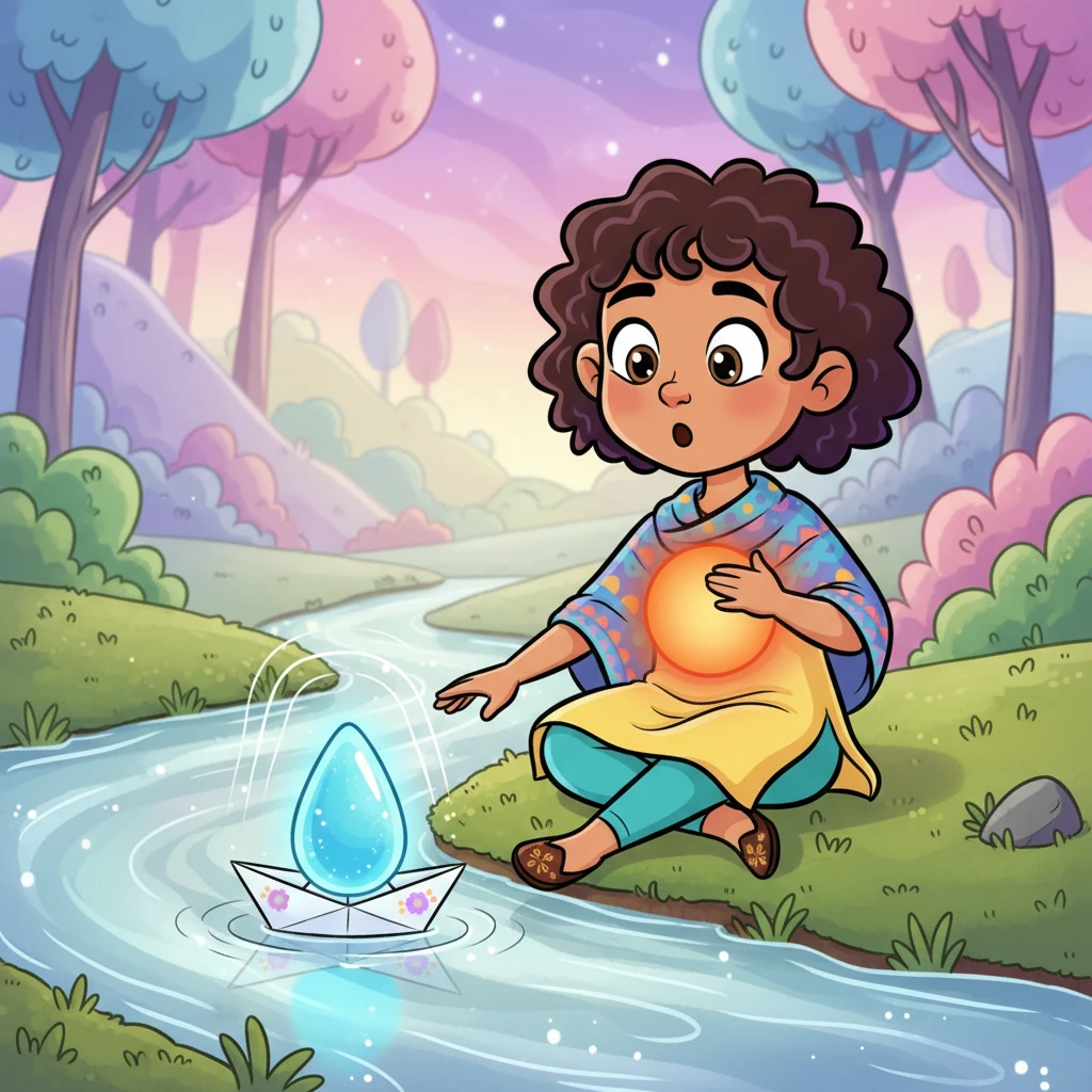 Aavya sits very still, her eyes wide with wonder, as the silver river begins to hum a soft tune. The tiny paper boat slowly, gracefully glides around her little slippers, making gentle ripples. It then drifts back to her hand, carrying a sparkling drop of blue river-light, which Aavya tenderly tucks into her heart, making her inner glow as big and round as a juicy orange.