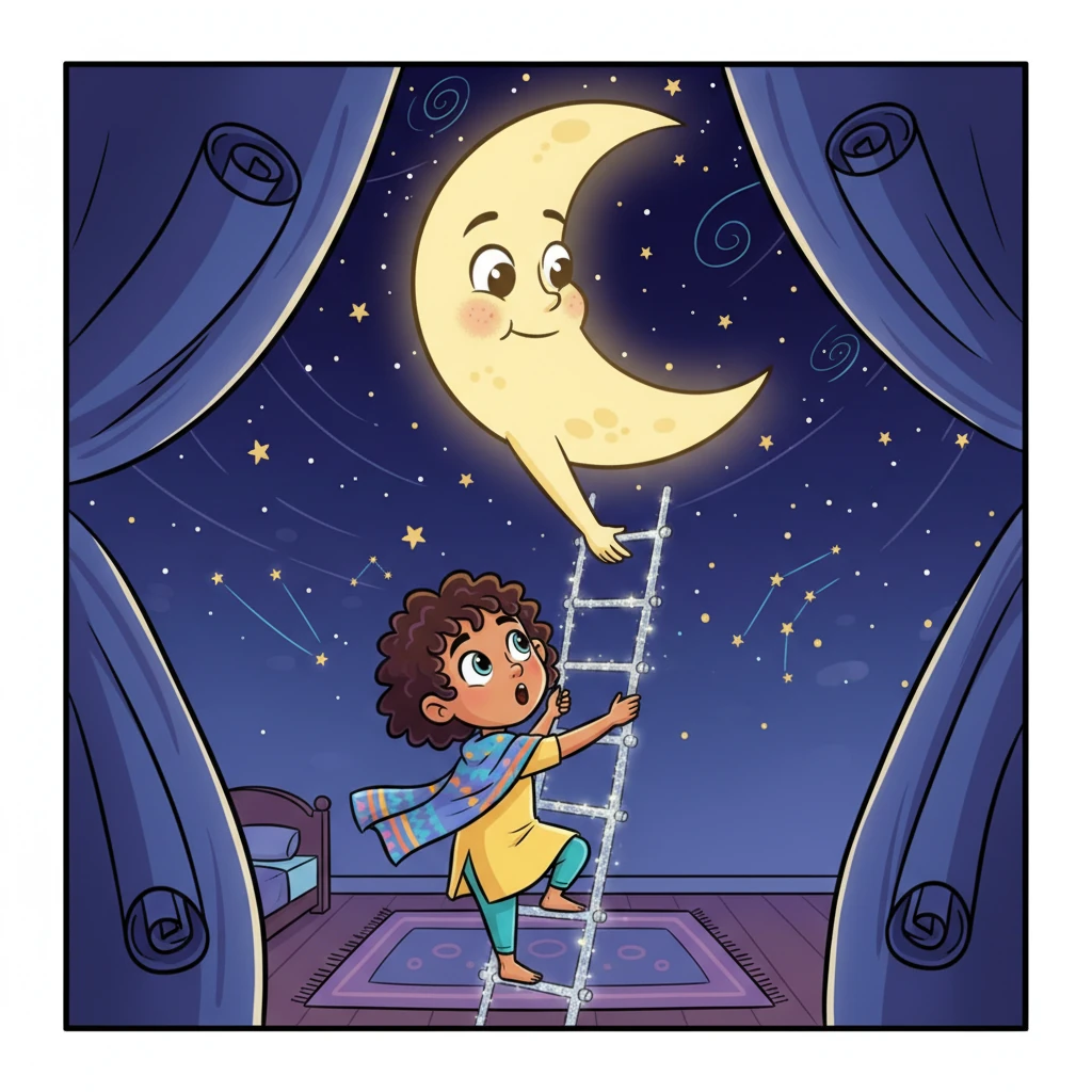 The ceiling above Aavya’s room playfully rolls away like a stage curtain, revealing the vast, starry night sky. A big, friendly Moon, with a soft, crescent smile, reaches down a shimmering ladder made of silver threads. Aavya, with an excited gasp, climbs up, up, up into the magical night.
