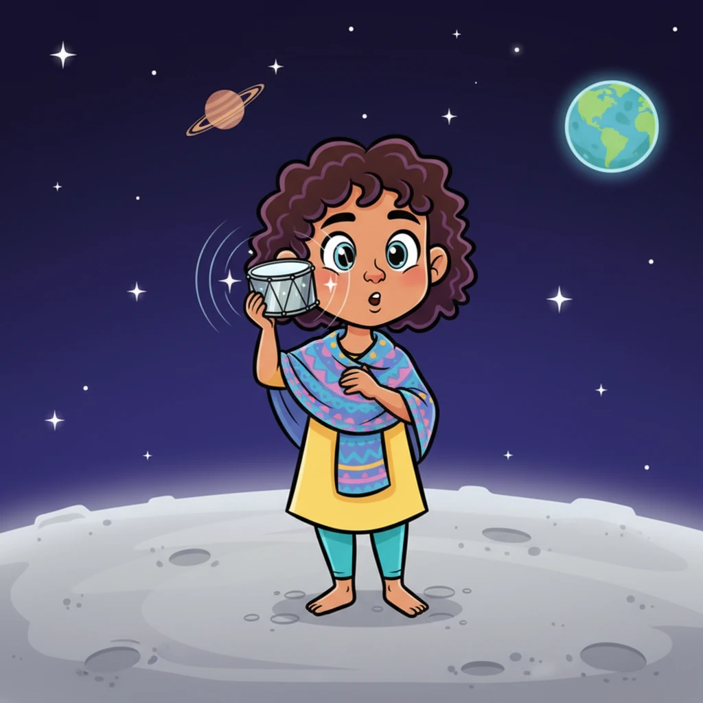 On the soft, dusty surface of the Moon, Aavya discovers a tiny, shiny silver drum, sparkling under the moonbeams. She gently puts her ear to it, listening intently. At first, she hears nothing, but because she learned patience, she waits, and soon, she hears a soft, steady "Boom... boom... boom..." – the sound of her own happy heart!