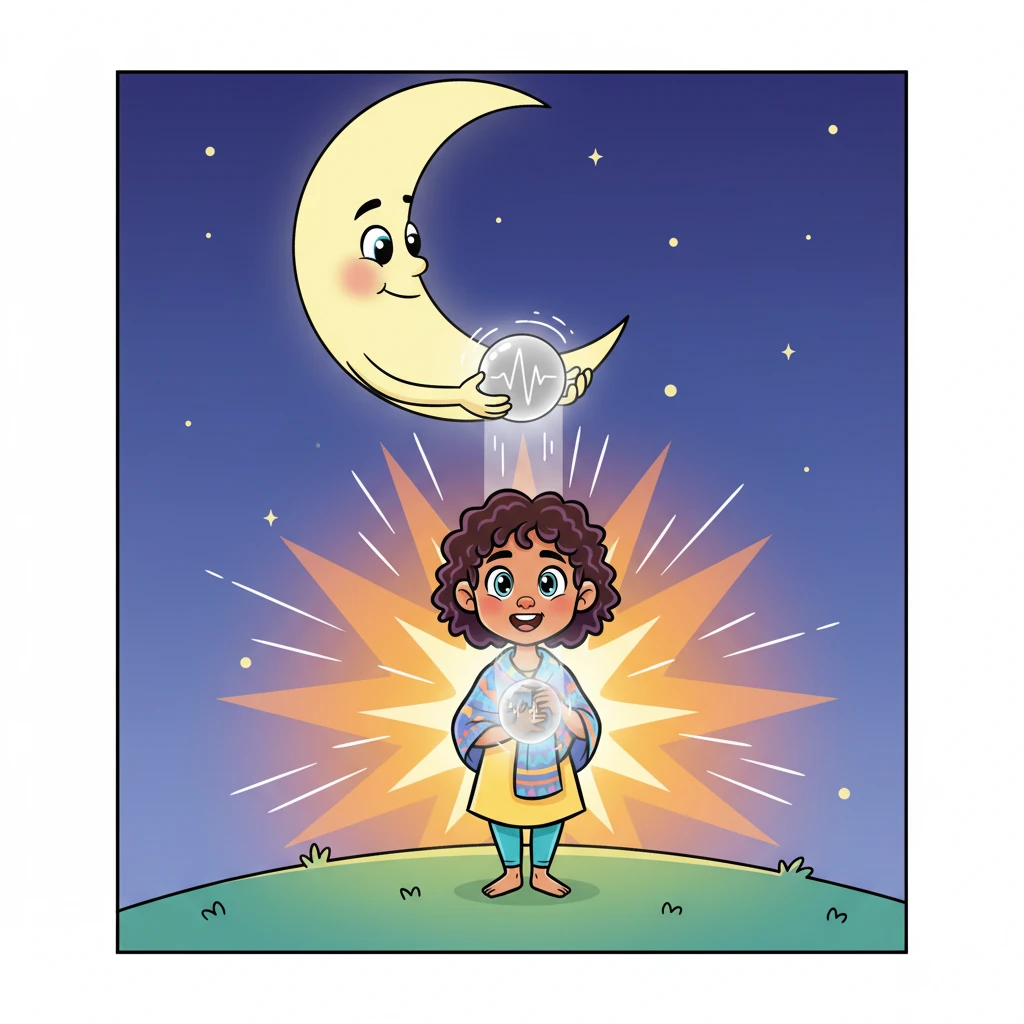 The friendly Moon catches Aavya's heartbeat sound, magically shaping it into a glowing silver ball. This radiant ball gently tucks itself under Aavya’s chin, then melts softly into her chest. With a magnificent "Flash!" her orange light bursts into a glorious, radiant sun, filling her whole body with bright, happy energy and a wide, joyful smile.