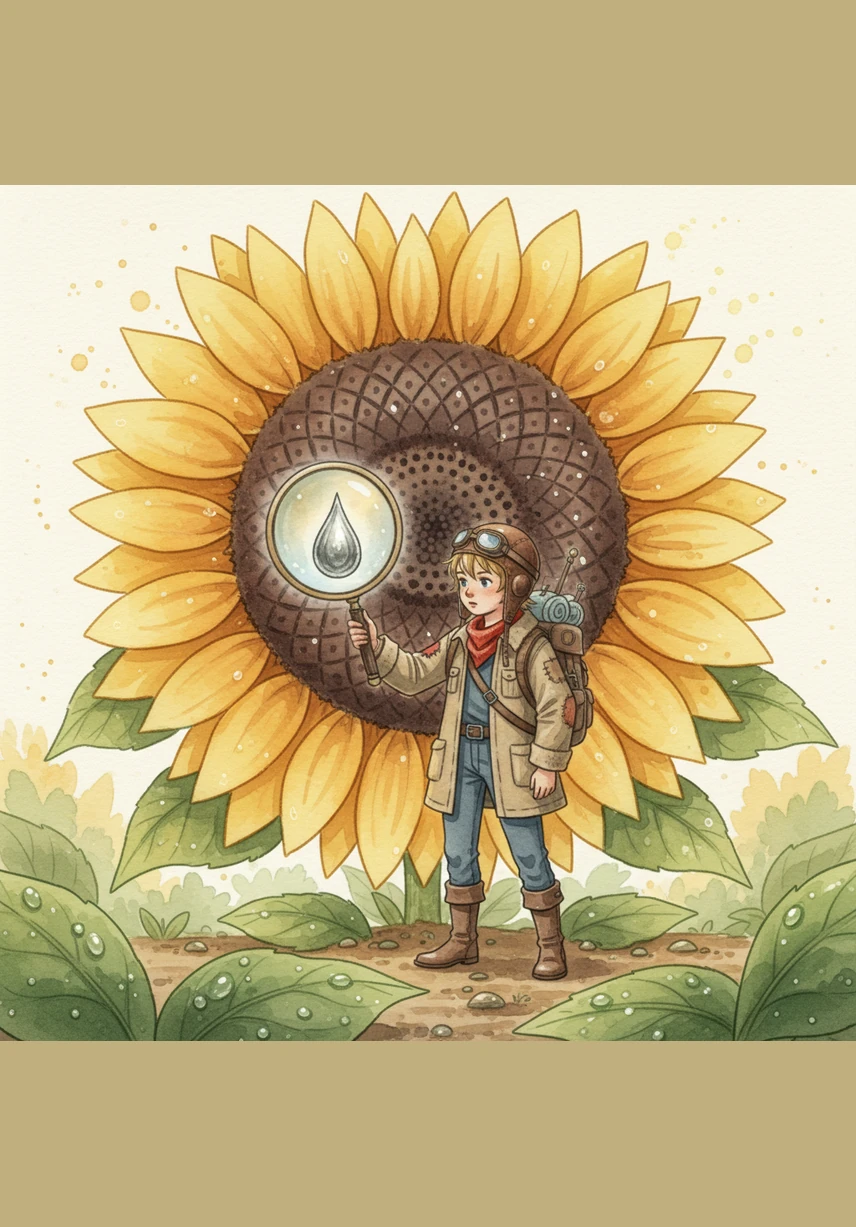 Oli, a tiny explorer with a bright magnifying glass, stands before a giant sunflower holding a shimmering silver seed. This is the start of a journey to discover the hidden secrets within this small vault of energy.