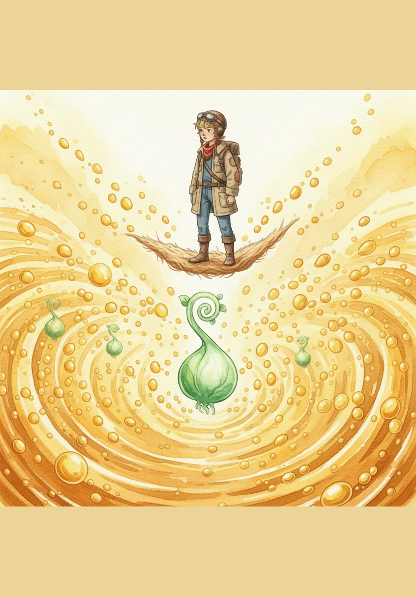 Suddenly, Oli arrives at a vast golden ocean of lipids, where oil droplets glow like liquid suns. This is nature’s purest energy warehouse, ready to fuel the plant that is destined to grow.