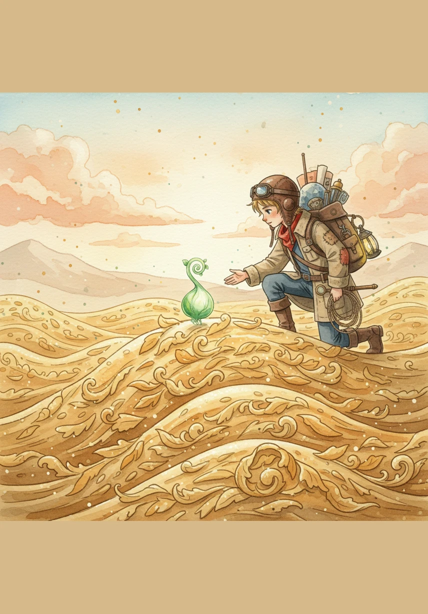 Amidst the golden waves, majestic pillars of protein rise up to support the seed's intricate structure. Oli walks among them, marvelling at these invisible building blocks that construct life with chemical precision.