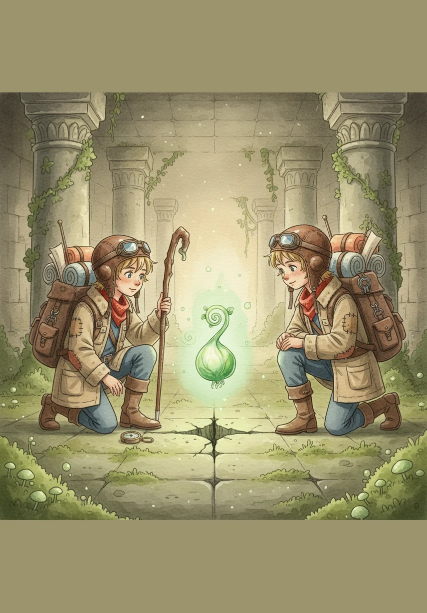 Tiny colored fireflies flutter through the air; these are the vitamins and minerals acting as sparks of health. Oli catches a Vitamin E spark, feeling the antioxidant power that protects the seed from the wear and tear of time.