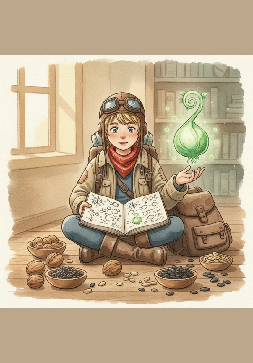 With his notebook full of chemical sketches, Oli realizes that oilseeds are tiny factories of well-being for the entire world. From walnuts to flaxseeds, every seed is a concentrated gift of health and vitality.