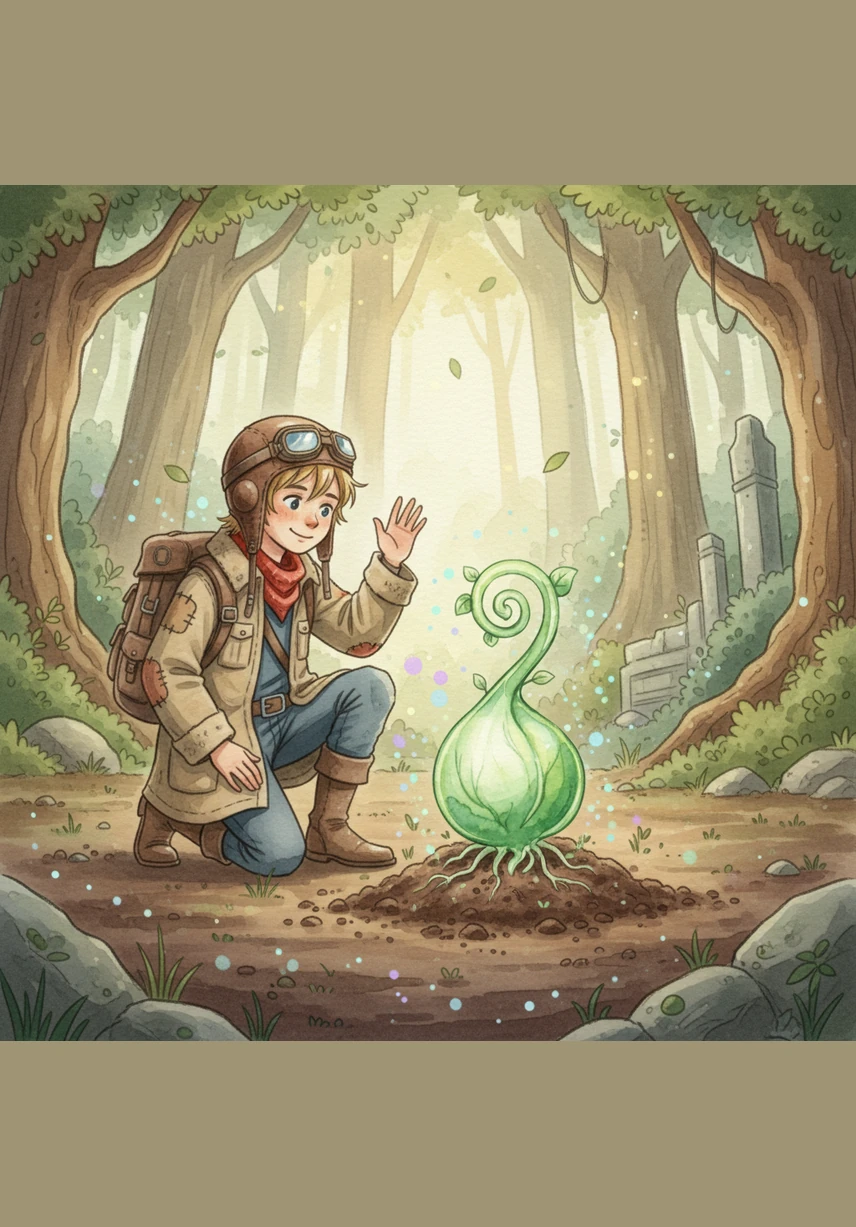 Oli watches as the seed is planted in fertile soil and begins to reach toward the light. The complex chemistry transforms into a living plant, and our little friend waves goodbye, knowing that magic lives in the smallest details.