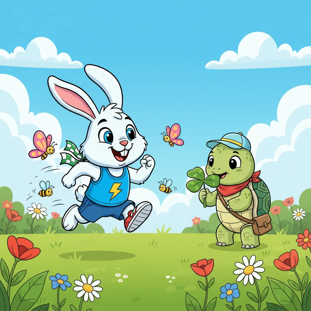 Barnaby B. Boastful, a fluffy white rabbit with a bright blue running vest, pranced through the sunny meadow, his ears twitching with excitement. He loved to show off his lightning-fast speed, zipping past butterflies and buzzing bees. Nearby, Timothy T. Steady, a wise old turtle with a sturdy green shell, munched calmly on a clover, moving at his own unhurried pace.
