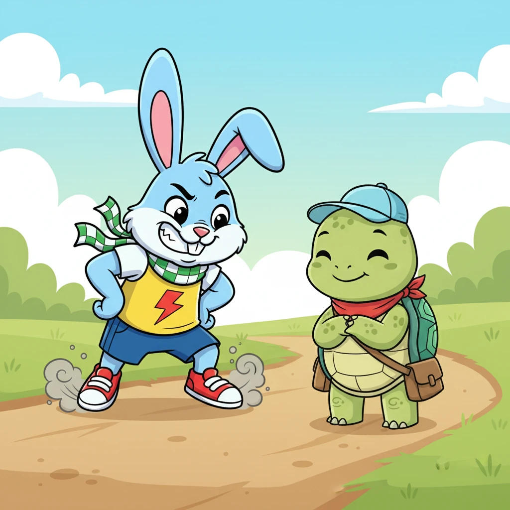 Barnaby skidded to a stop right in front of Timothy, puffing out his chest. "Hey, slowpoke! I bet I could beat you in a race with one paw tied behind my back!" Timothy blinked slowly, a gentle smile on his face. "Perhaps you could, Barnaby, but a race sounds like a fine idea. Where shall we start?"