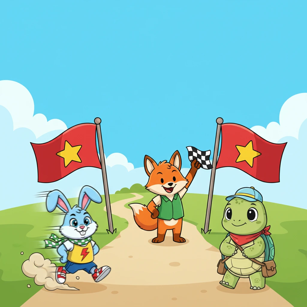 The starting line was marked with two cheerful red flags, and a friendly fox waved a checkered handkerchief to begin. Barnaby shot off like a spring-loaded toy, a blur of white fur and blue vest, leaving a little dust cloud behind him. Timothy took his first deliberate step, his head held high, as Barnaby vanished over the first hill.