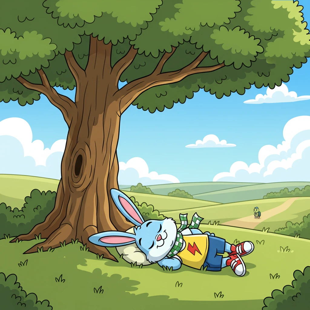 Far ahead, Barnaby chuckled to himself, seeing Timothy as just a tiny green dot in the distance. "He'll never catch up!" he thought, feeling quite pleased. The warm sun and soft grass under a big, shady oak tree looked incredibly inviting, so Barnaby decided a quick nap was in order.