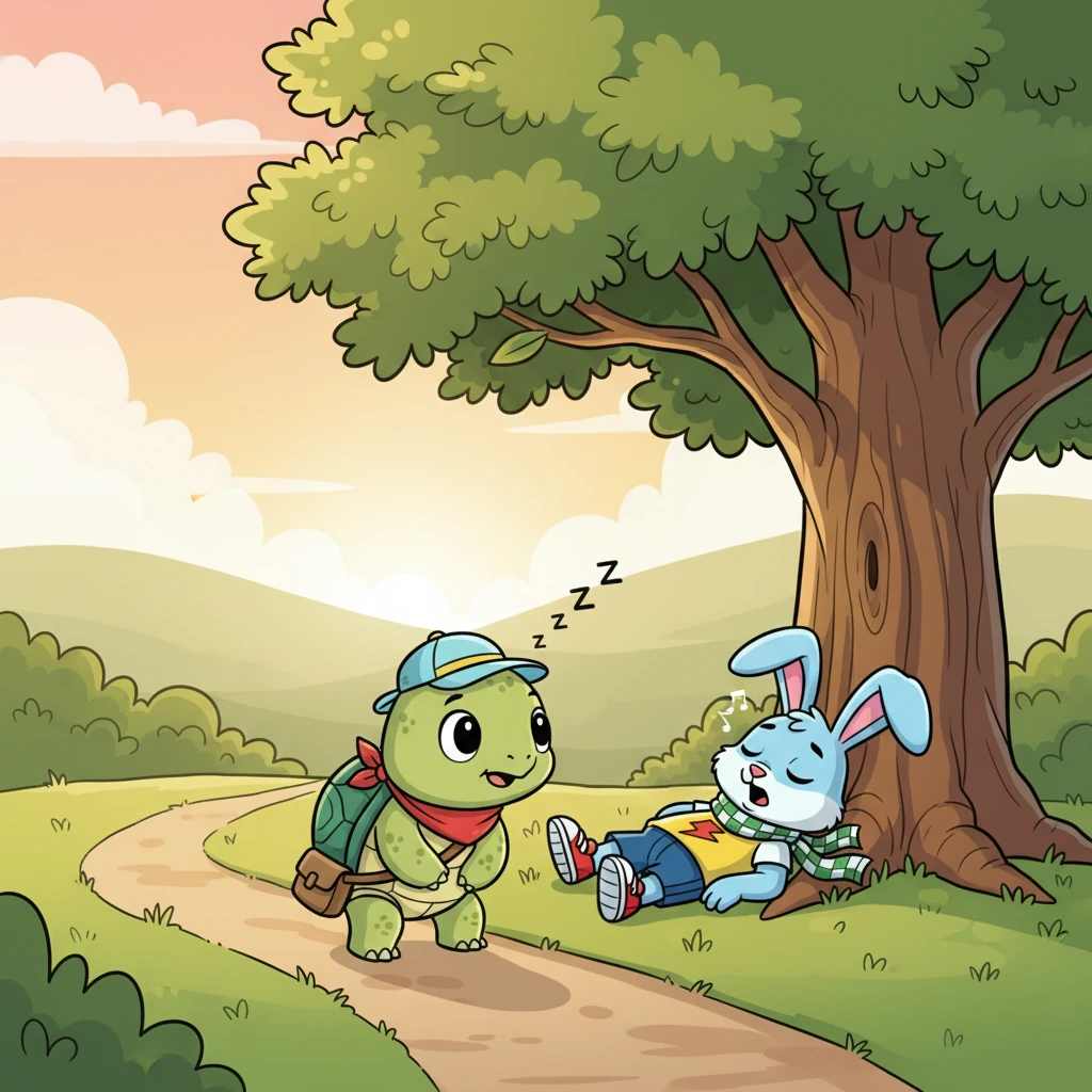 As the afternoon sun began to dip lower, Timothy rounded a gentle bend in the path. To his surprise, there was Barnaby, sprawled out under the oak tree, fast asleep and letting out little snores. Timothy quietly shuffled past the slumbering rabbit, careful not to disturb him.