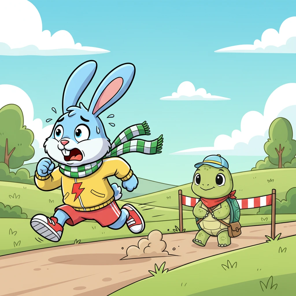 Suddenly, a loud yawn broke the silence as Barnaby woke with a jolt, stretching his long legs. He looked around, confused, then his eyes widened in panic as he saw Timothy nearing the finish line! "Oh no, I overslept!" he cried, leaping up and sprinting with all his might.