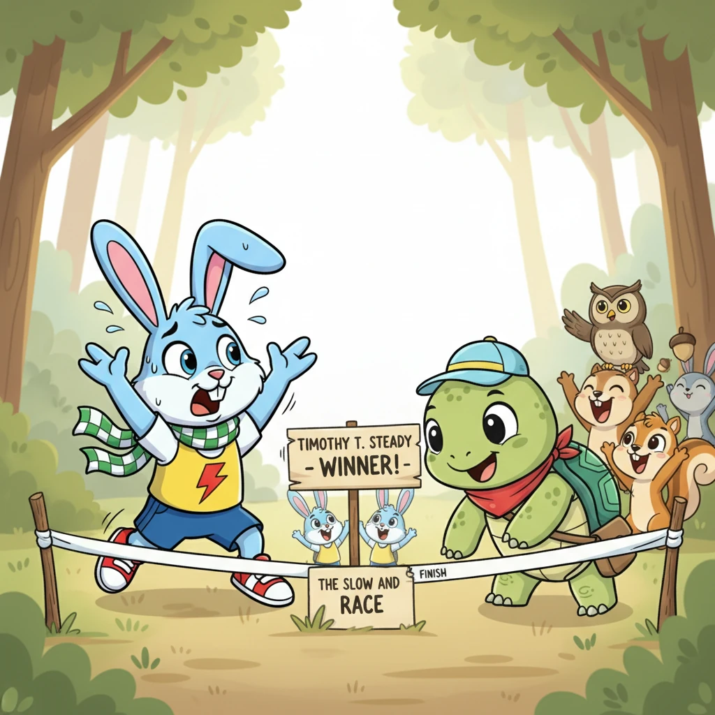 Timothy, with a final, determined push, crossed the finish line just as Barnaby arrived, panting and out of breath, a look of utter astonishment on his face. The forest friends erupted in cheers for Timothy T. Steady, the slow but steady winner. Barnaby, though disappointed, had learned a valuable lesson about humility and perseverance.