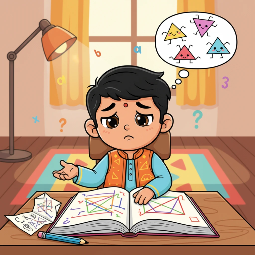 रवि अपनी गणित की किताब के सामने उदास बैठा है। उसे कोण बिलकुल समझ नहीं आ रहे थे। उसकी पेंसिल उसके हाथ से छूट गई और वह सोचने लगा कि काश गणित थोड़ी मज़ेदार होती।