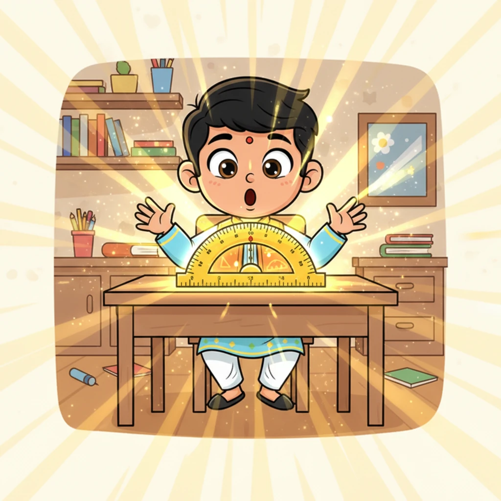 तभी अचानक उसकी मेज़ पर एक चमकता हुआ जादुई चाँदा (protractor) प्रकट होता है। चाँदा अपनी सुनहरी रोशनी से पूरे कमरे को रोशन कर देता है। रवि हैरान होकर उसे देखता है।