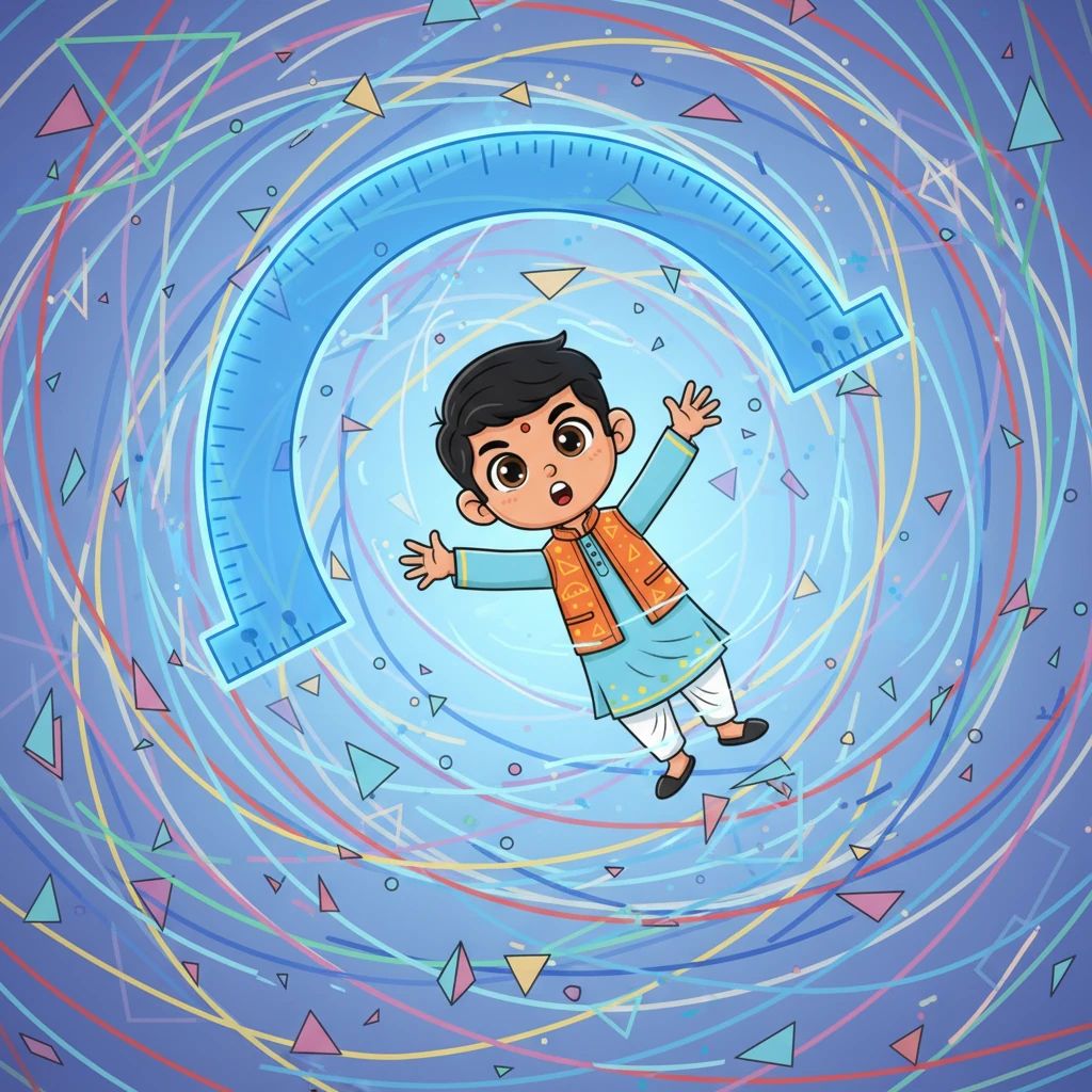 जादुई चाँदा बड़ा होने लगता है और रवि को अपने अंदर खींच लेता है। रवि देखता है कि वह अब एक ऐसी दुनिया में है जहाँ सब कुछ रेखाओं और कोणों से बना है। रंग-बिरंगी रेखाएं हवा में तैर रही हैं।