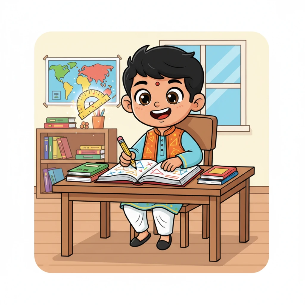 जादुई चाँदा रवि को वापस उसकी मेज़ पर ले आता है। अब रवि को गणित की किताब उतनी बोरिंग नहीं लगती। वह मुस्कुराता है और अपनी पेंसिल उठाकर आत्मविश्वास से कोणों के सवालों को हल करने लगता है।