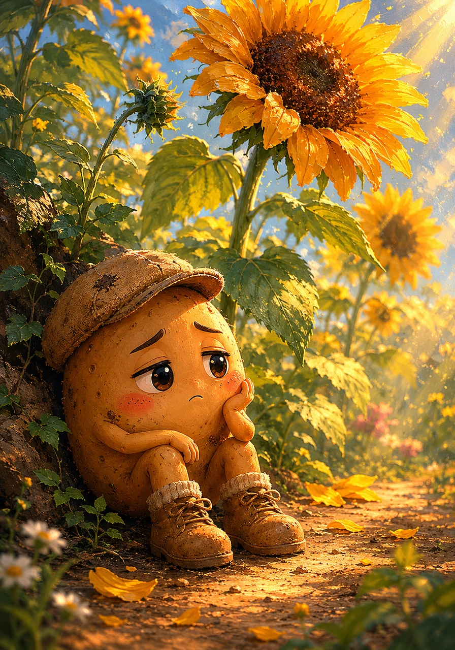 Spuddy the little potato sat alone in the corner of the garden, looking down at his brown, dusty skin. He sighed heavily, wishing he could be as bright and colorful as the blooming sunflowers above him.
