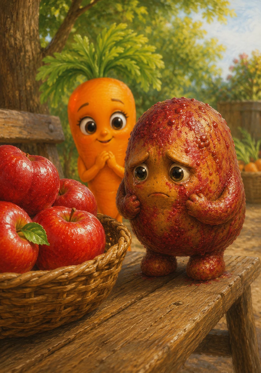 On a wooden bench nearby, a basket of polished red apples shimmered in the sunlight. Spuddy watched them with wide, envious eyes, convinced that if he were shiny and red, everyone would love him more.