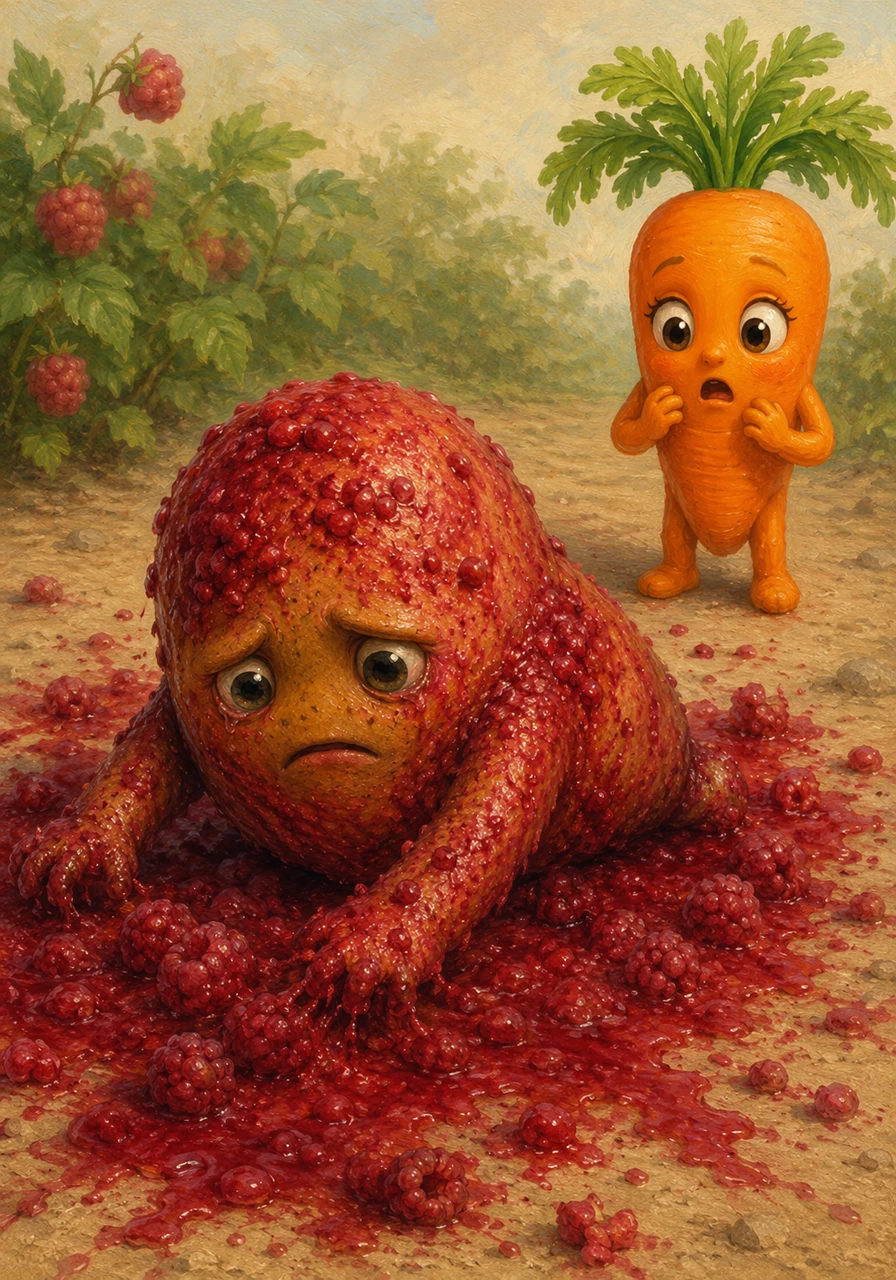 In a desperate attempt to change, Spuddy rolled into a patch of crushed raspberries, trying to stain his skin a bright, fruity red. He looked messy and felt sticky, but he hoped the transformation would finally make him special.