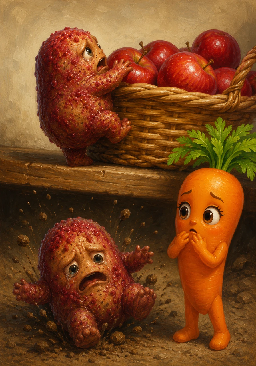 He tried to climb into the fancy apple basket, but he slipped and tumbled back down into the dirt with a heavy thud. He realized he could never be a fruit, and a deep sense of regret began to fill his little potato heart.
