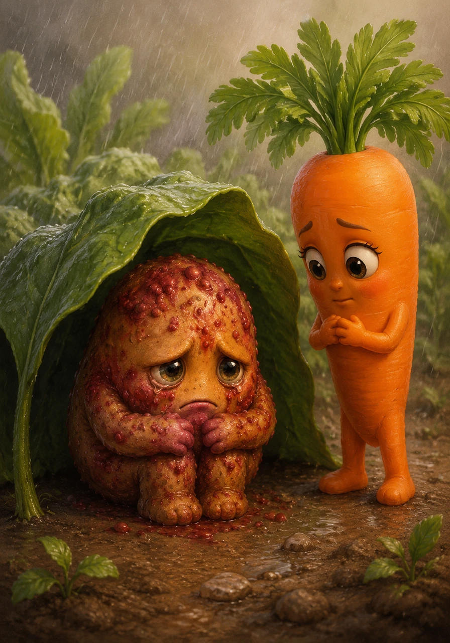 Hiding under a large green leaf, Spuddy let out a soft sob as the berry juice began to dry and itch. He felt like a failure for trying to hide who he truly was, feeling more out of place than ever before.