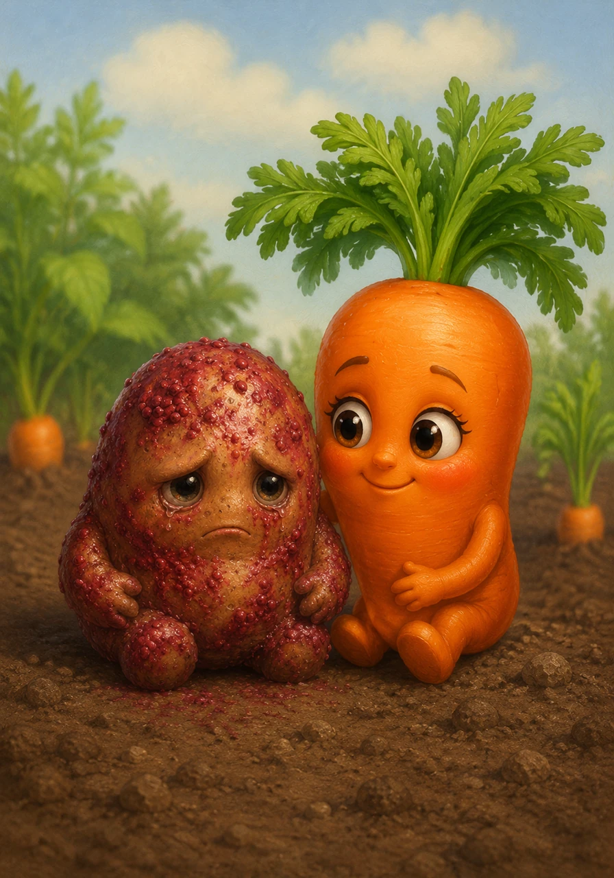 Suddenly, the ground began to wiggle, and Clara the Carrot popped her bright orange head out of the soil. She saw Spuddy’s messy coat and sad eyes, and she gently rolled over to sit right beside him.
