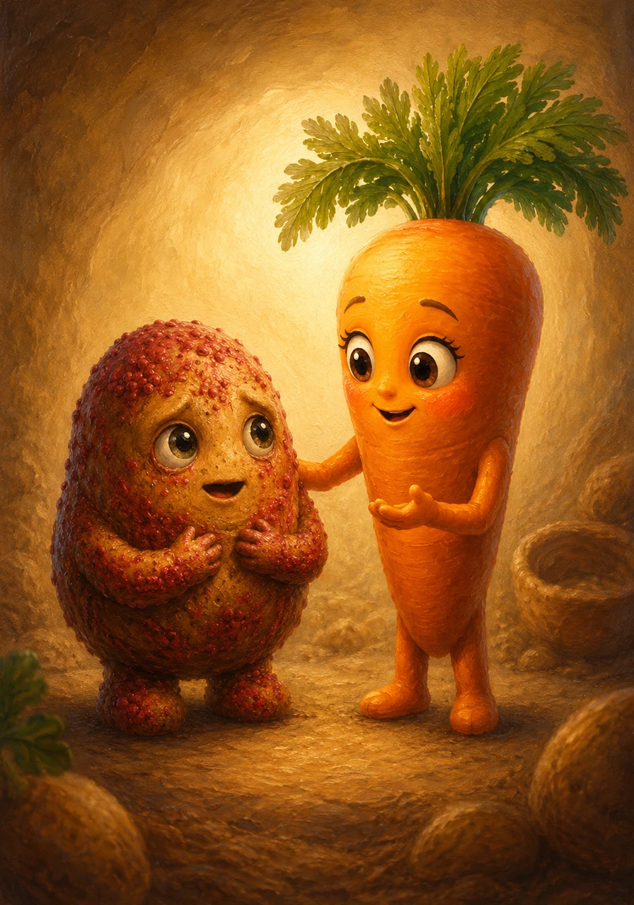 She showed Spuddy that his strength came from his sturdiness and that he had the power to become something warm and comforting for others. Spuddy listened intently, feeling a spark of hope as he realized his unique value.