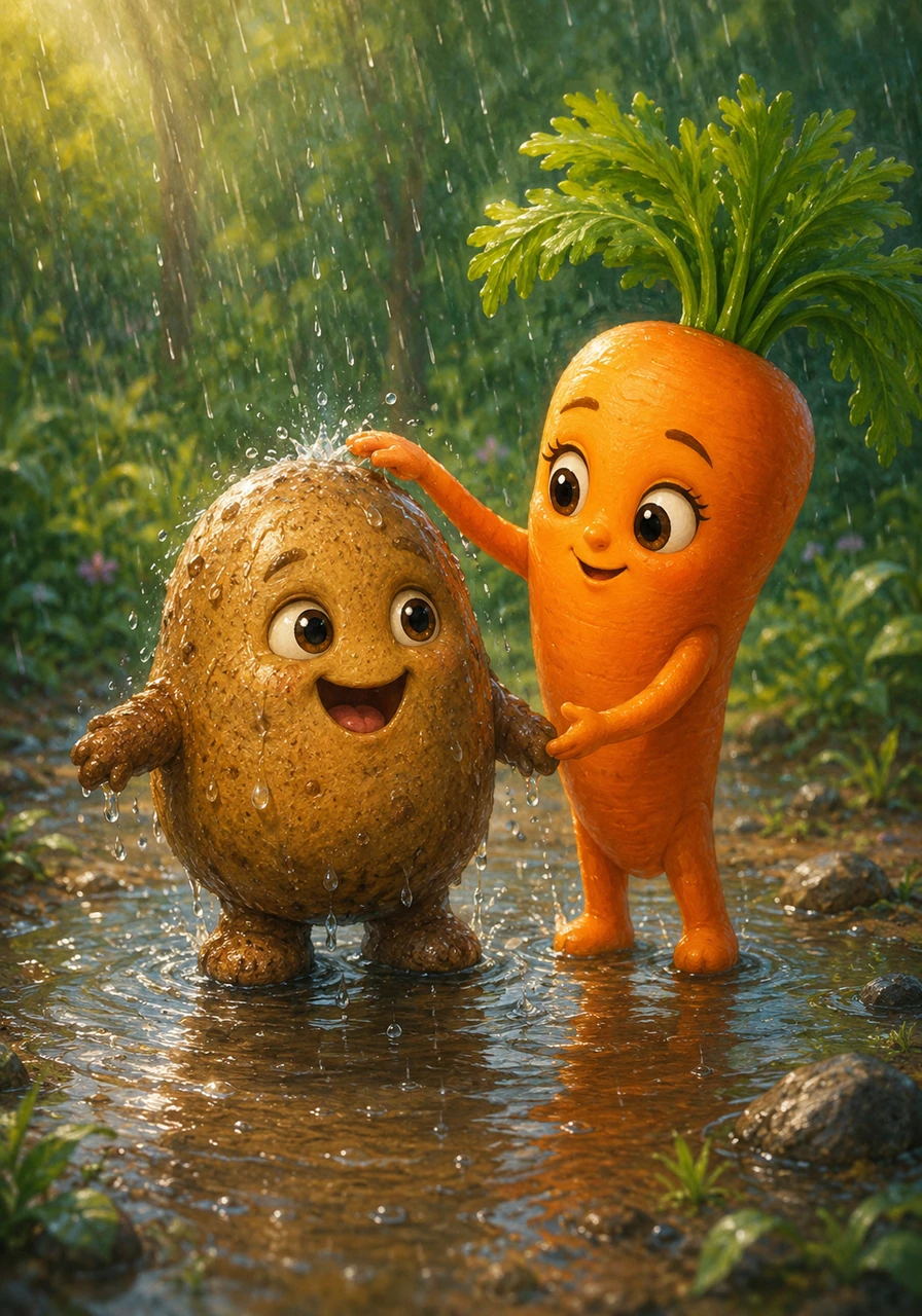 With Clara’s help, Spuddy washed away the sticky berry juice in a cool rain puddle, embracing his natural, bumpy skin. He realized that his mistake was not in being a potato, but in failing to see his own inner light.