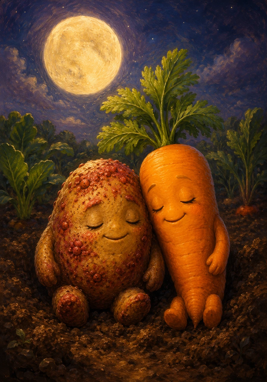 As the moon rose over the quiet garden, Spuddy and Clara rested side by side in the soft earth. He was no longer a sad potato, but a proud one, ready to grow and flourish alongside his best friend.