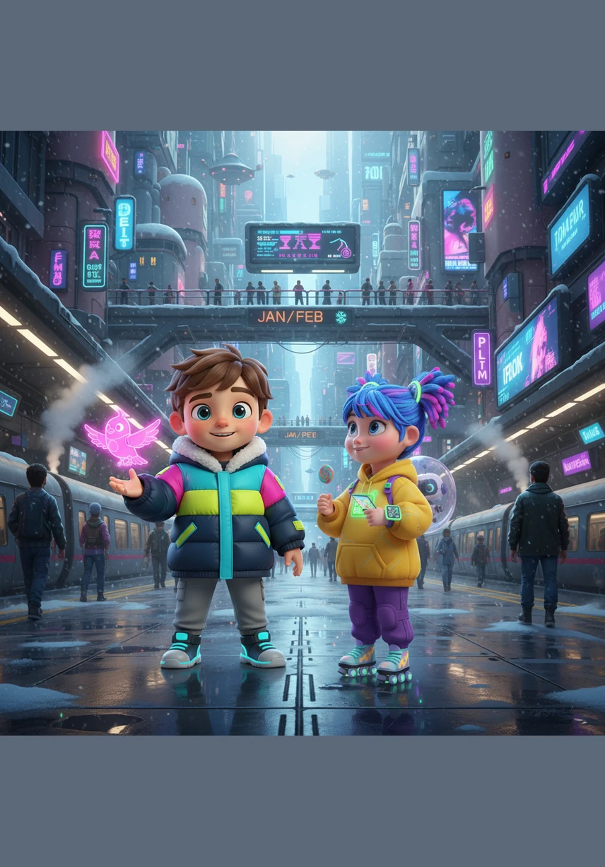 توقف القطار في محطة شهري يناير وفبراير، حيث كان الجو بارداً جداً والمطر يتساقط بلطف من السماء. ارتدى سامي معطفه الدافئ وشاهد الغيوم الجميلة والقلوب الملونة التي تملأ الأجواء بالحب والدفء رغم البرد القارس. هيا بنا إلى الشهر التالي!