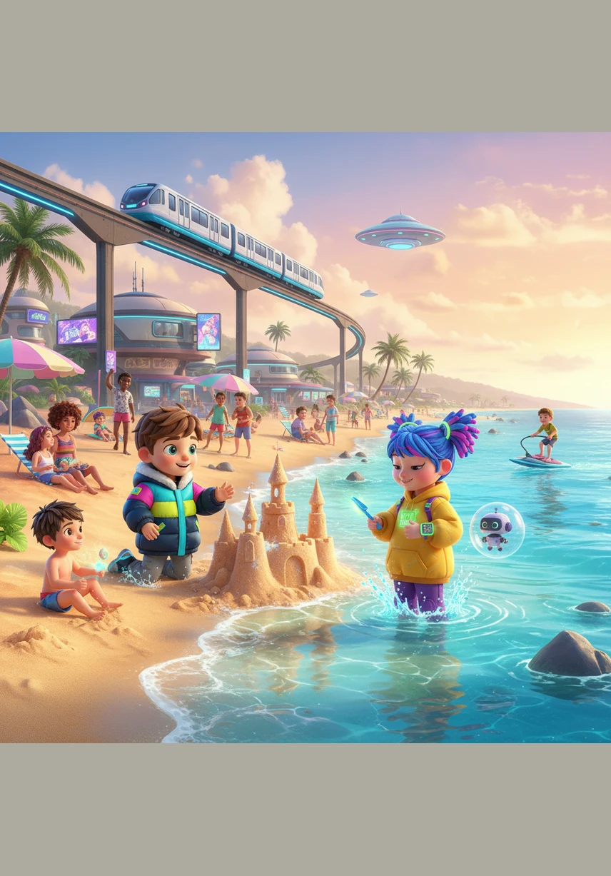 انطلق القطار نحو شاطئ البحر في شهري يوليو وأغسطس، حيث المياه الزرقاء الصافية والرمال الذهبية الناعمة. قضى سامي وقتاً ممتعاً في اللعب بالماء وبناء القلاع الرملية، مستمتعاً بإجازته الصيفية المرحة مع عائلته وأصدقائه. هيا بنا إلى الشهر التالي!