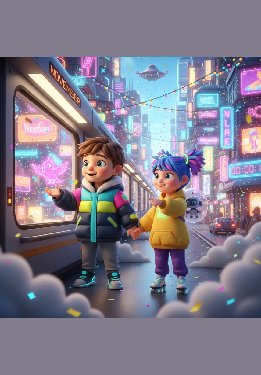 مر القطار عبر سحب ناعمة في شهر نوفمبر، ثم وصل إلى شهر ديسمبر المليء بالأضواء والزينة اللامعة. احتفل سامي بنهاية العام وسط أجواء من الفرح والسعادة، وشاهد الأضواء الملونة التي تزين كل مكان احتفالاً بقدوم العام الجديد. هيا بنا إلى الشهر التالي!