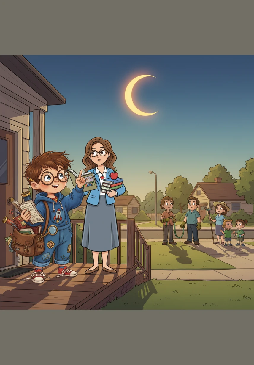 Stepping onto the porch, Alex notices neighbors pausing their chores to look upward with curiosity and caution. A dark, curved shape begins to bite into the edge of the sun, casting long, eerie shadows across the driveway.