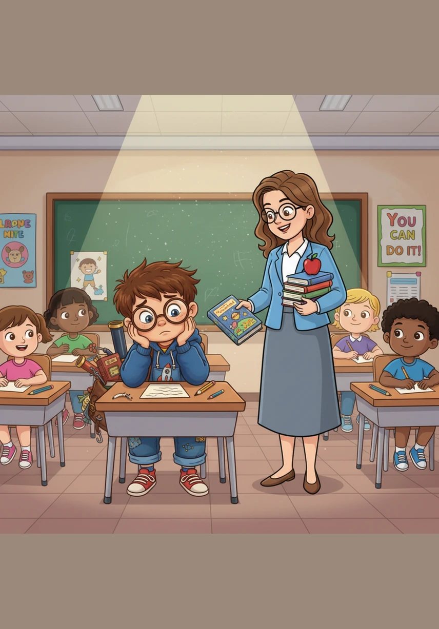 Inside the classroom, Alex finds it impossible to focus on the day's lessons, instead sketching a series of overlapping circles in a notebook. The classroom lights flicker as the natural light outside fades to a silvery, twilight hue.