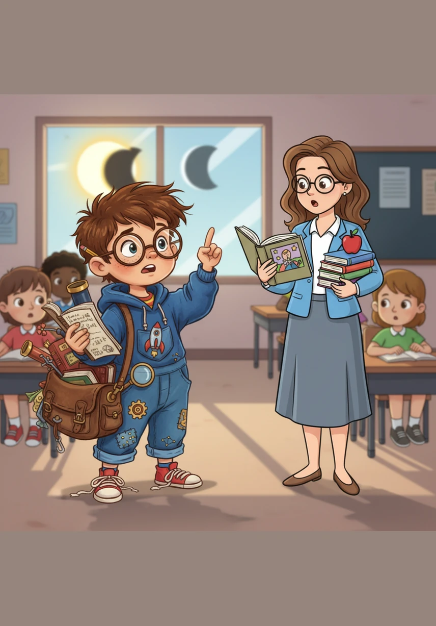 As the teacher prepares to start the lesson, Alex’s hand shoots up with an urgent question that can no longer wait. With wide eyes, Alex asks why the sun is slowly disappearing and if something is blocking its light.